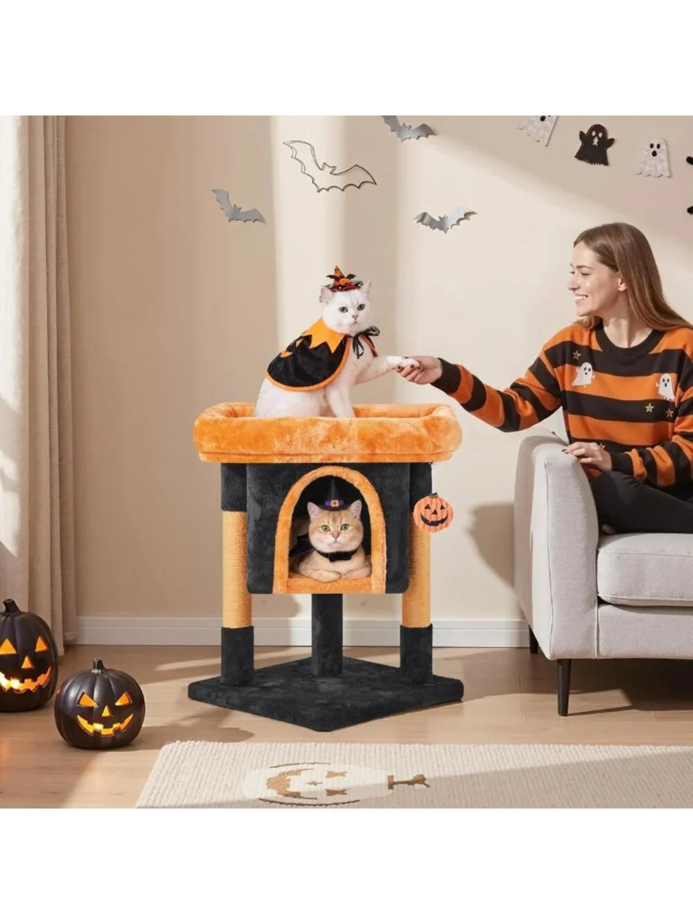 Halloween Cat Tree for Cats - Black & Pumpkin Orange Small Cat Tower, Fun & Cozy